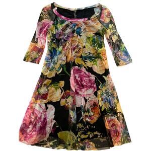 Elaua Kattau Luxury Mesh Floral 3/4 Sleeve Dress Vibrant Multicolor small